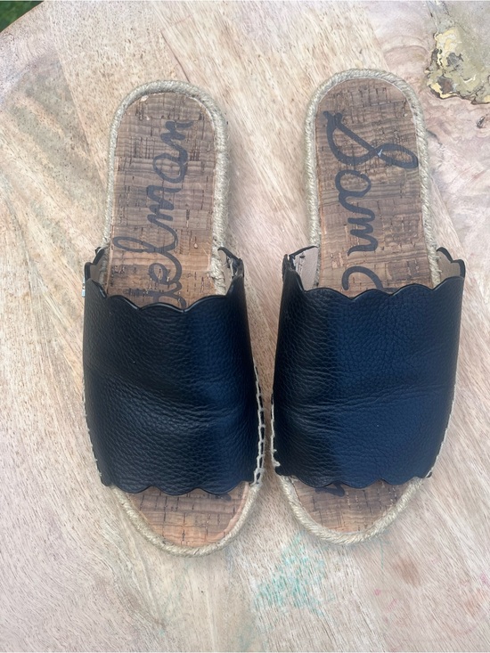 Sam Edelman Shoes - Sam Edelman Black Leather Scallop-Edge Espadrille Slide Sandals 6.5